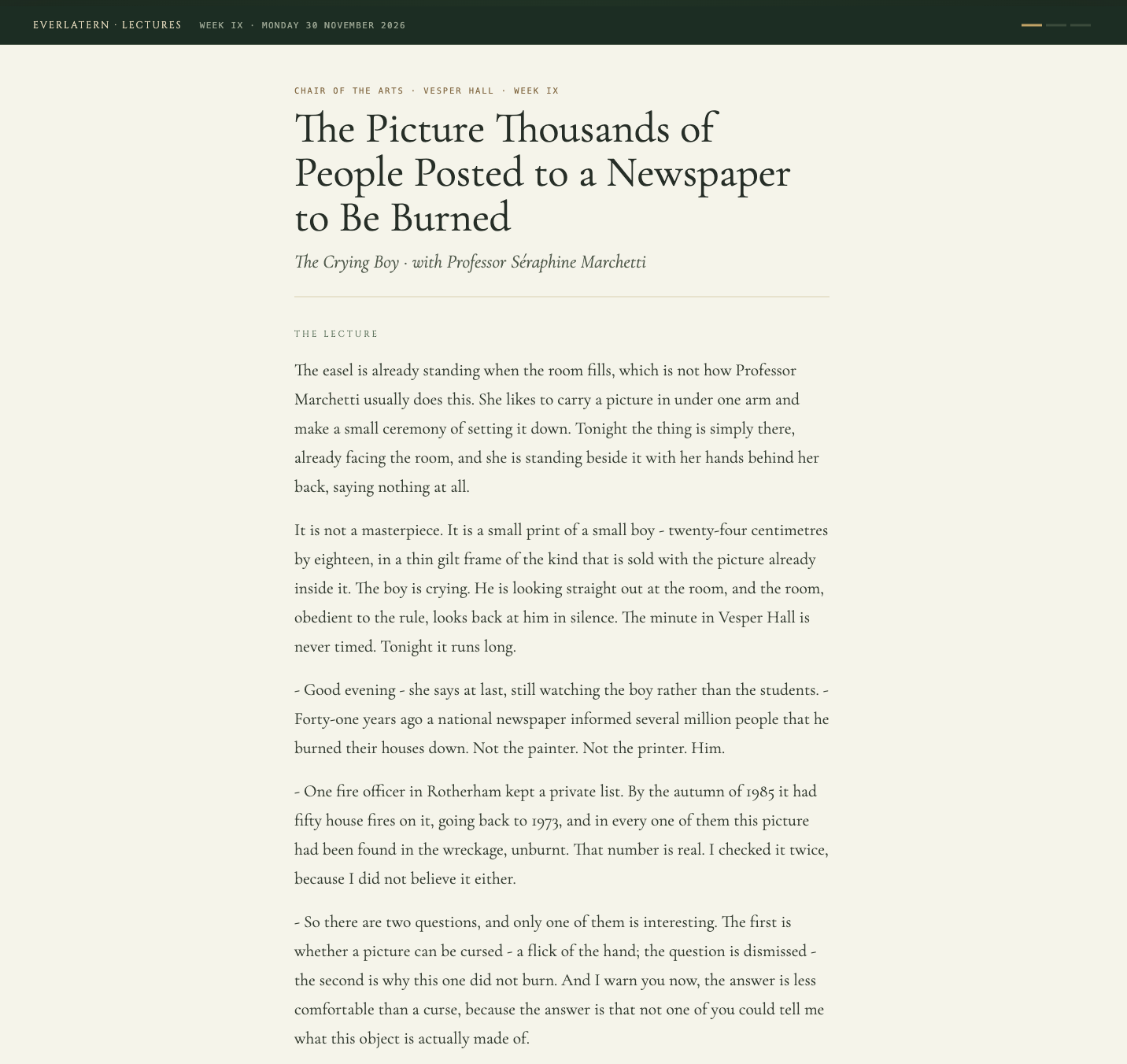 A lecture as it appears inside the Academy: The Picture Thousands of People Posted to a Newspaper to Be Burned, taught by Professor Séraphine Marchetti in Vesper Hall, week nine